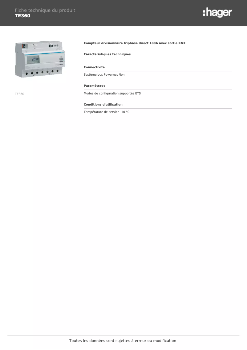 Page n°1 - Fiche technique Hager TE360