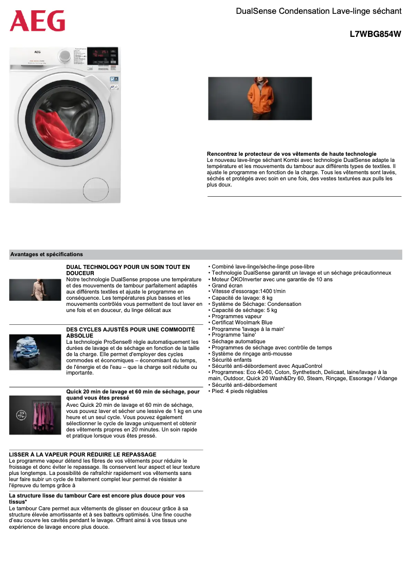 Página 1 del manual Ficha técnica AEG L7WBG854W