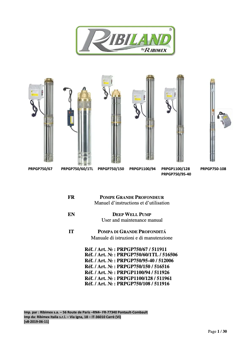 Page 1 de la notice Manuel utilisateur Ribimex Ribiland PRPGP750/108