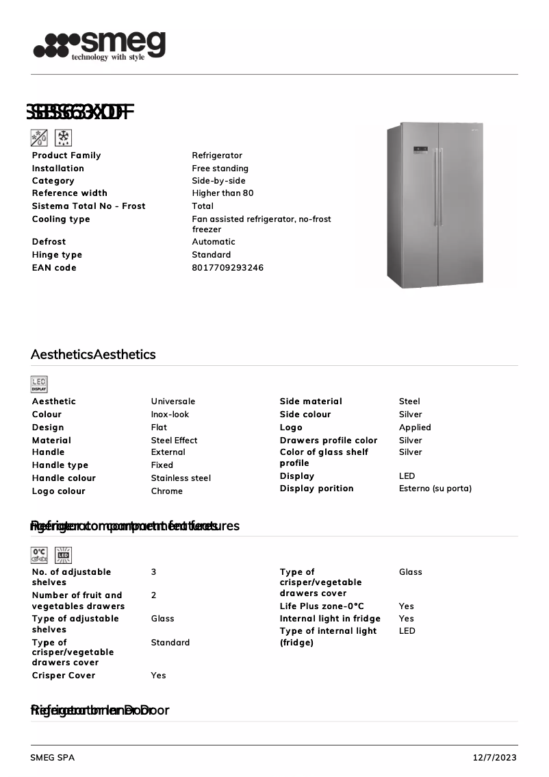 Page 1 de la notice Fiche technique Smeg SBS63XDF