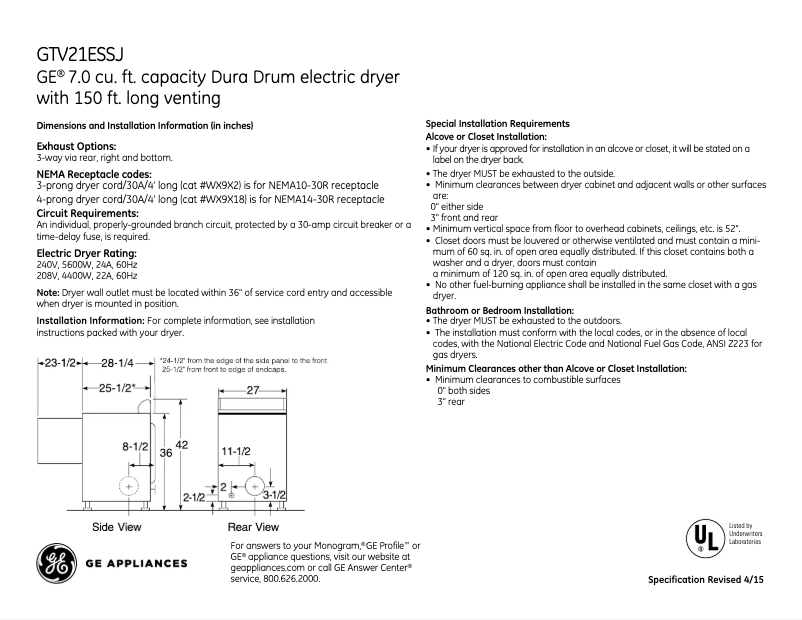 Page n°1 - Fiche technique GE GTV21ESSJWW