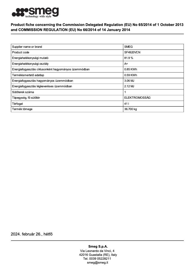 Page n°1 - Fiche technique Smeg SF4920VCN