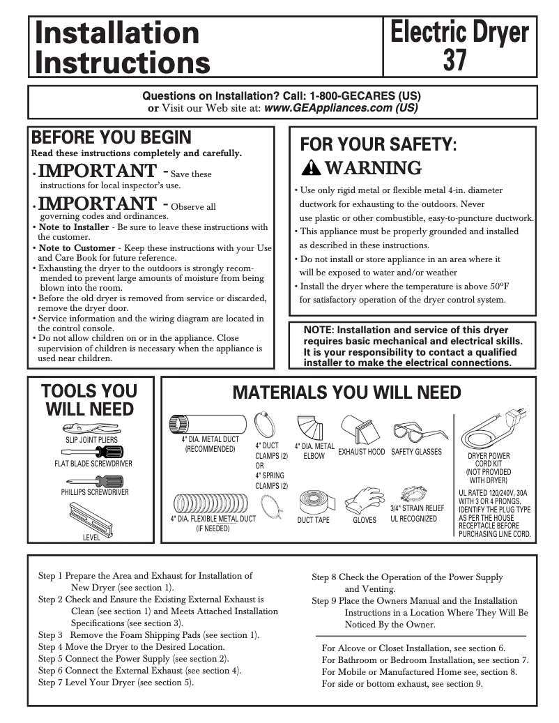 Page n°1 - Guide d'installation GE DBLR333EEWW