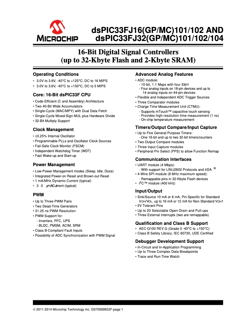Page 1 de la notice Fiche technique Microchip DSPIC33FJ16GP101