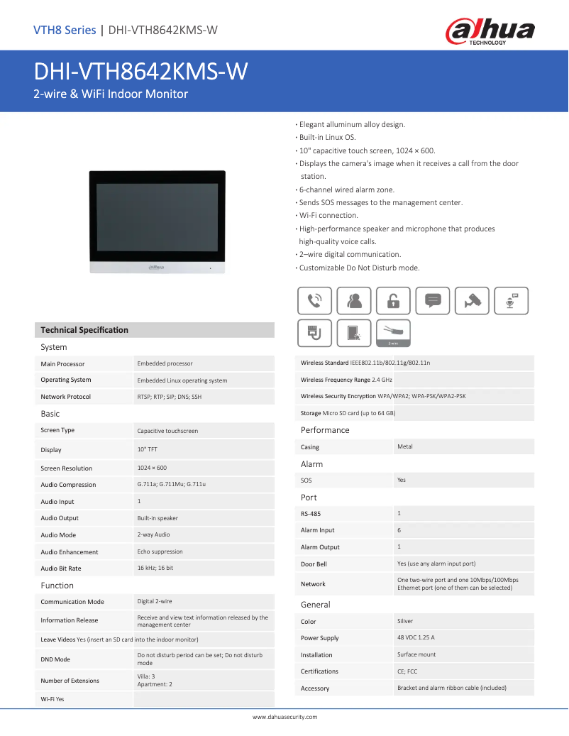 Page 1 de la notice Fiche technique Dahua Technology VTH8642KMS-W