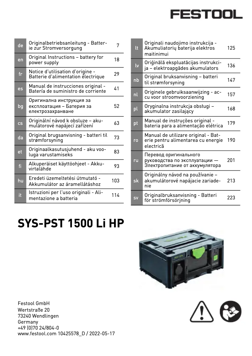 Image de la première page du manuel de l'appareil SYS-PST 1500 Li HP