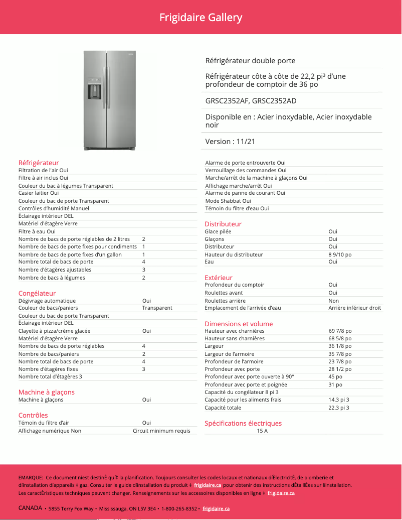 Page n°1 - Fiche technique Frigidaire GRSC2352AF