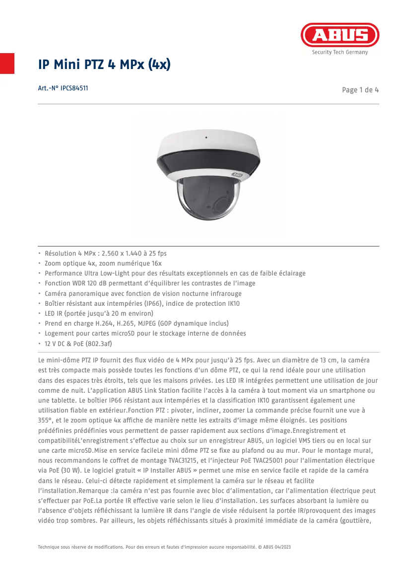 Page n°1 - Fiche technique Abus IPCS84511