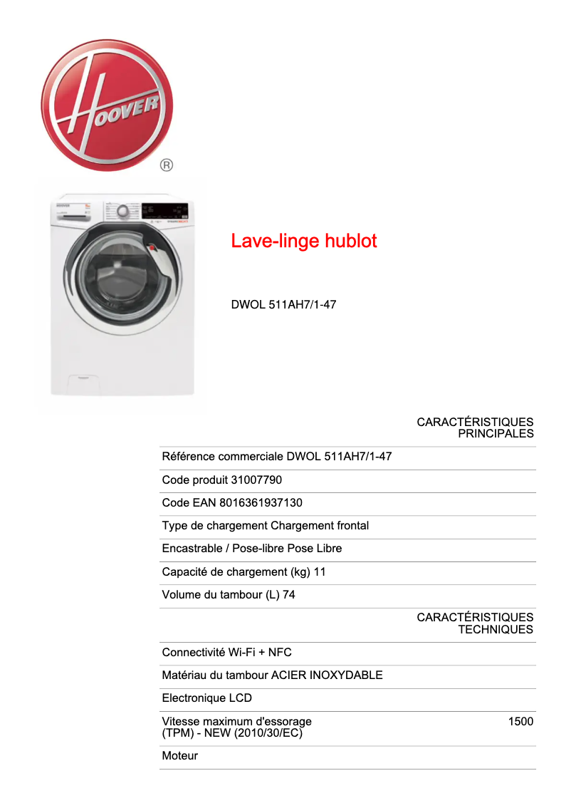 Page 1 de la notice Fiche technique Hoover DWOL 511AH7/1-47