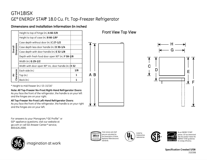Página 1 del manual Ficha técnica GE GTH18ISXSS