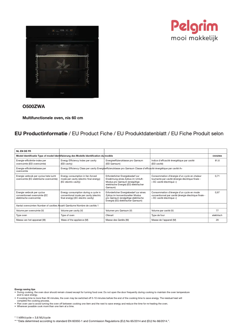 Página 1 del manual Ficha técnica Pelgrim O500ZWA