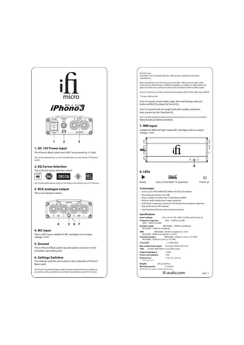 Page 1 de la notice Guide de démarrage rapide iFi Audio Micro iPhono3