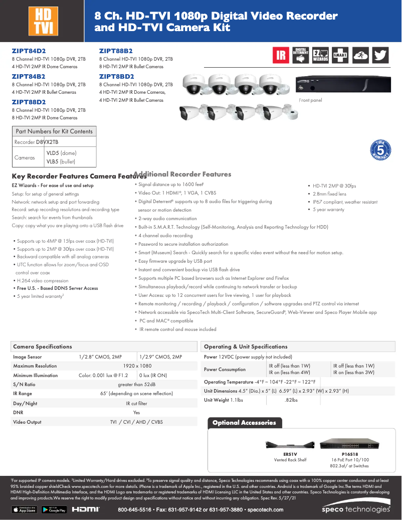 Page 1 de la notice Fiche technique Speco Technologies ZIPT8BD2