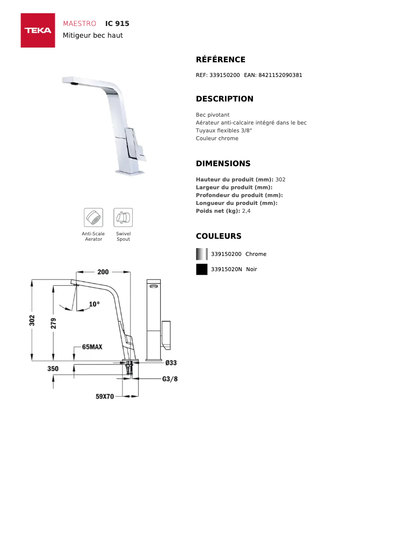 Page n°1 - Fiche technique Teka IC 915