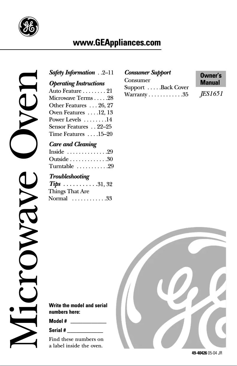 Page n°1 - Manuel utilisateur GE JES1651SJ