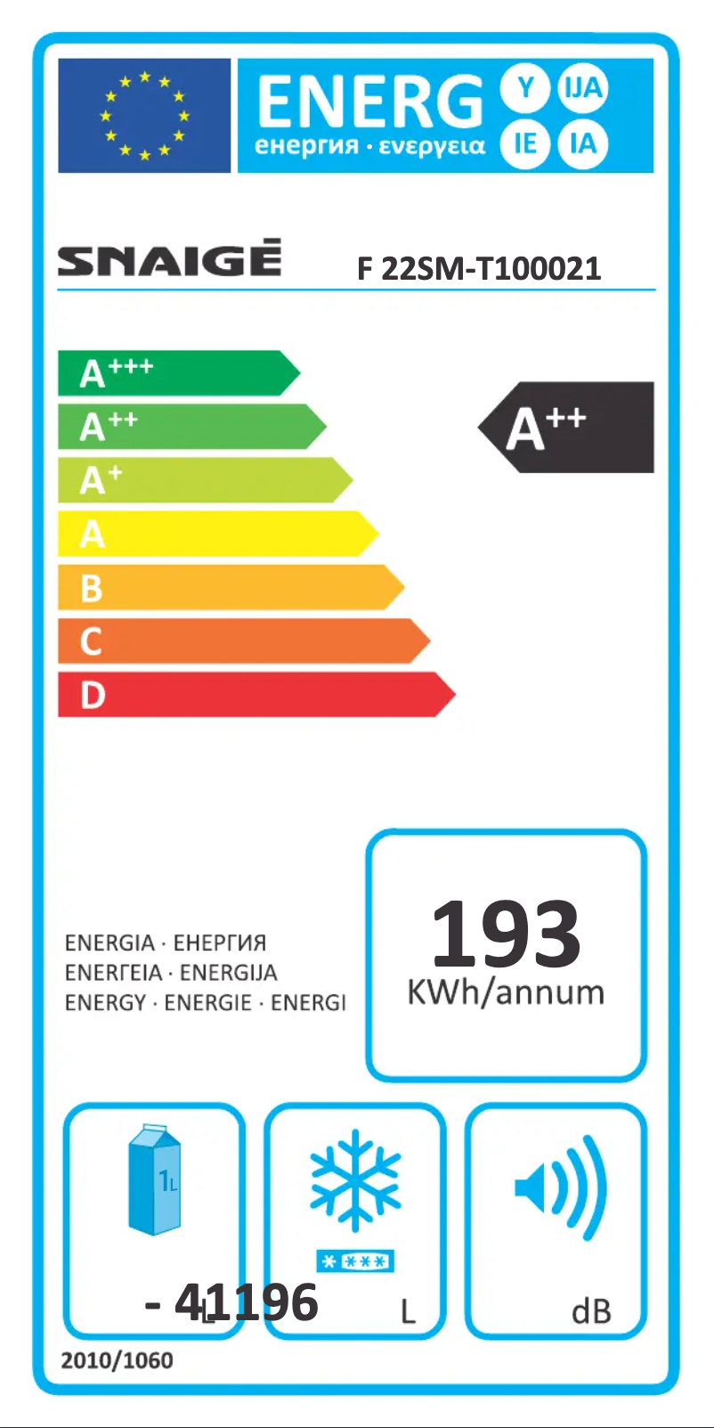Page n°1 - Label énergétique Snaigė Ice Logic F 22SM-T1000E1
