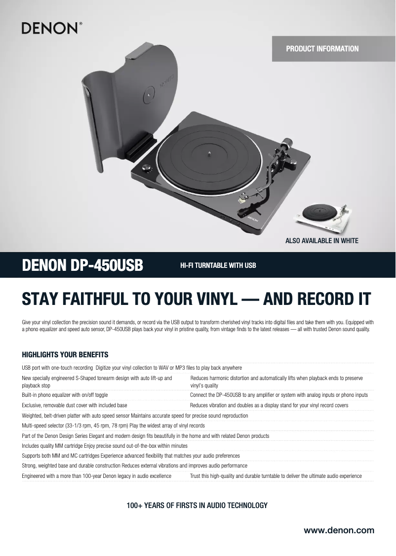 Page 1 de la notice Fiche technique Denon DP-450USB