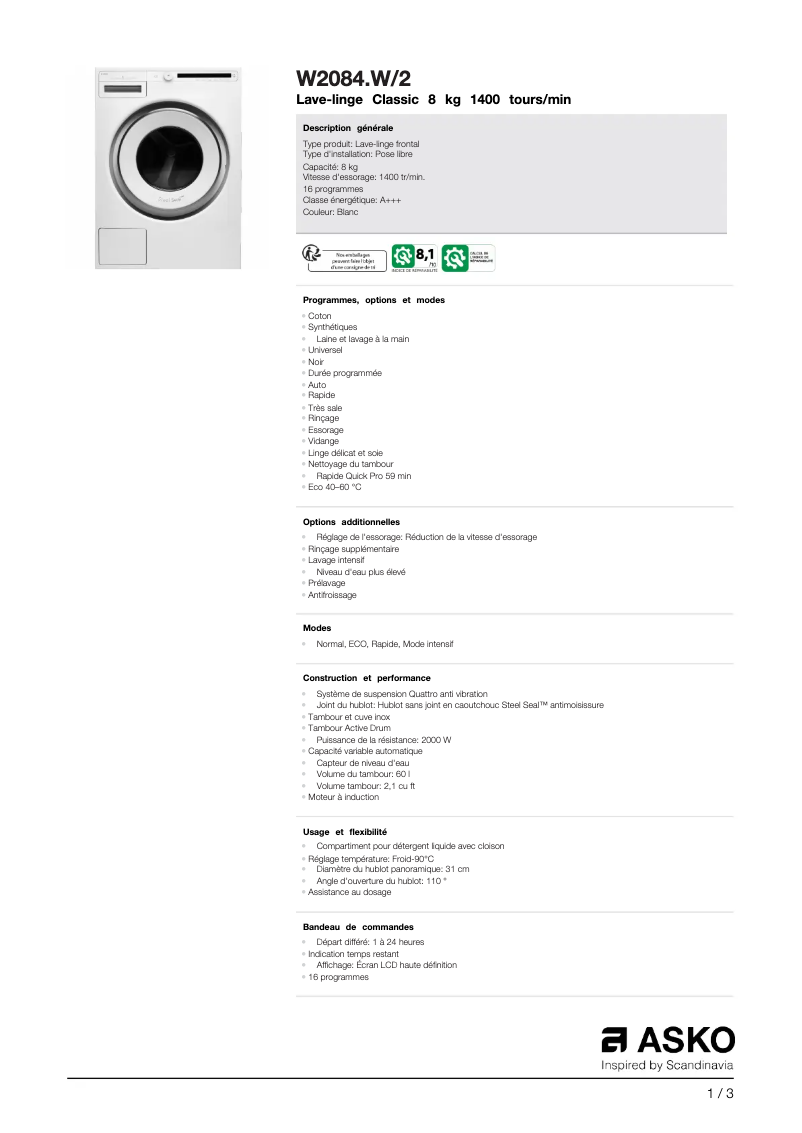 Image de la première page du manuel de l'appareil W2084W2