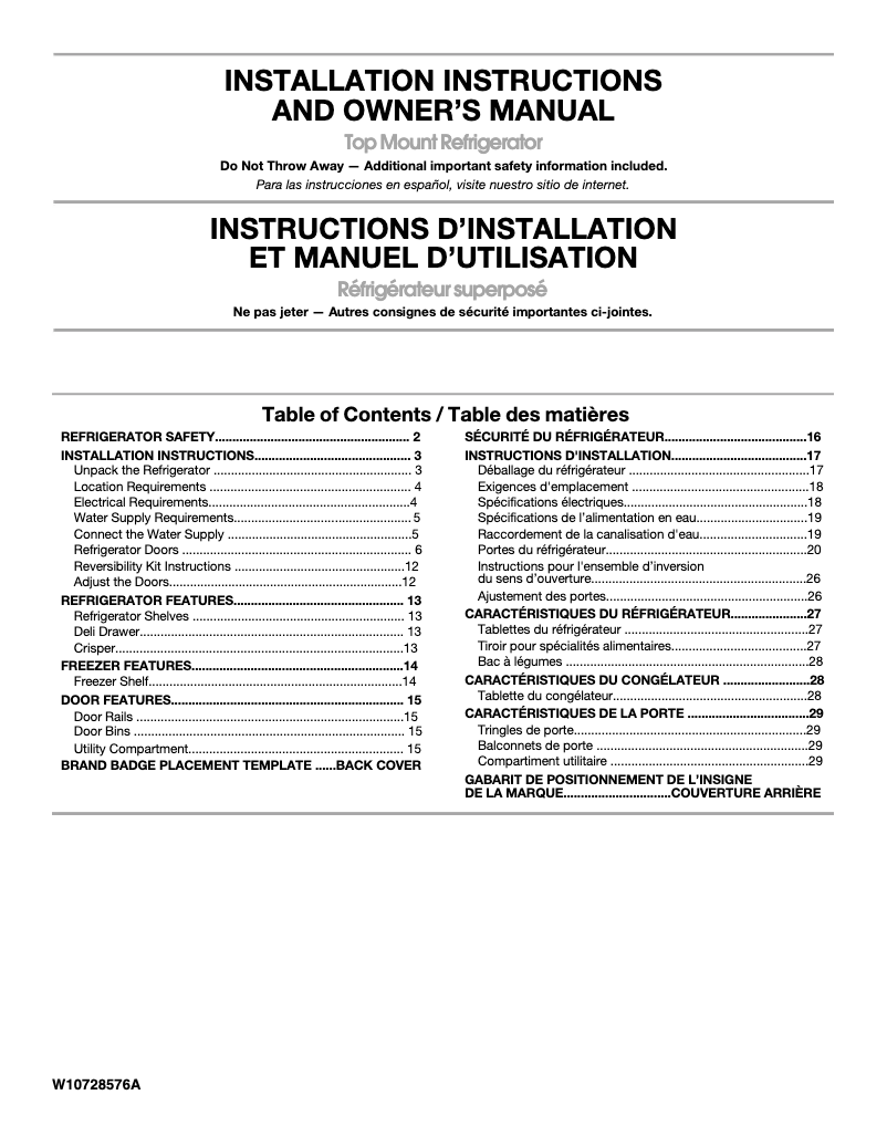 Page 1 de la notice Guide d'installation Whirlpool WRT318FZD