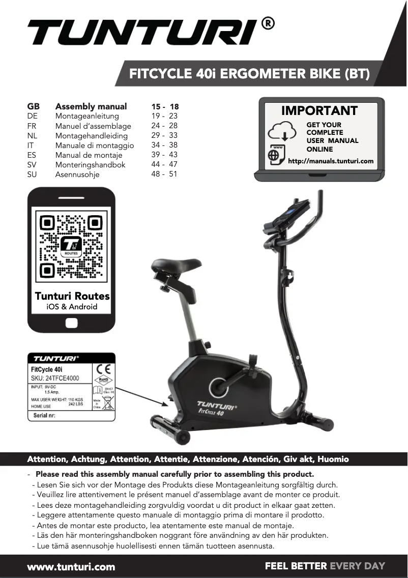 Página 1 del manual Manual de usuario Tunturi FitCycle 40i