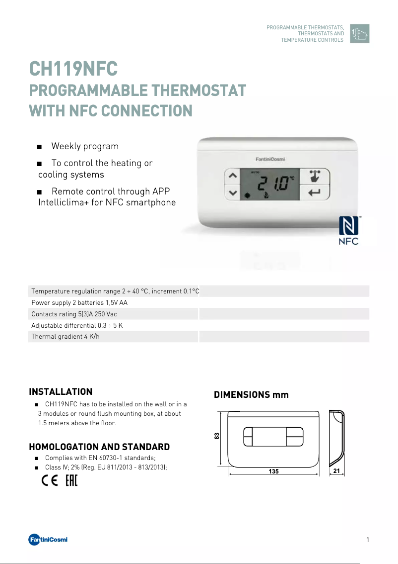 Page 1 de la notice Fiche technique Fantini Cosmi CH119NFC