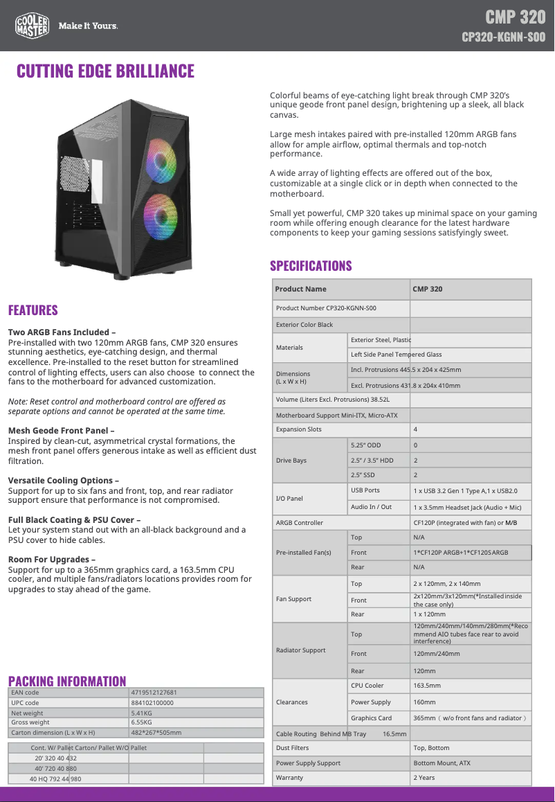 Page 1 de la notice Manuel utilisateur Cooler Master CMP 320