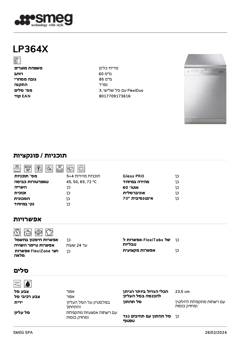 Página 1 del manual Ficha técnica Smeg LP364X