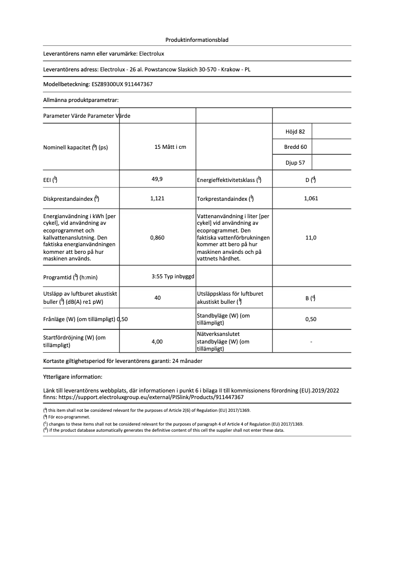 Page n°1 - Fiche technique Electrolux ESZ89300UX