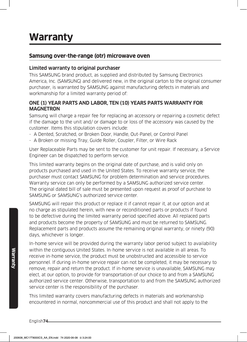 Page n°1 - Informations de garantie Samsung ME11A7510DS