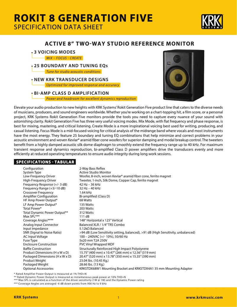 Page n°1 - Fiche technique KRK Rokit RP8 G5
