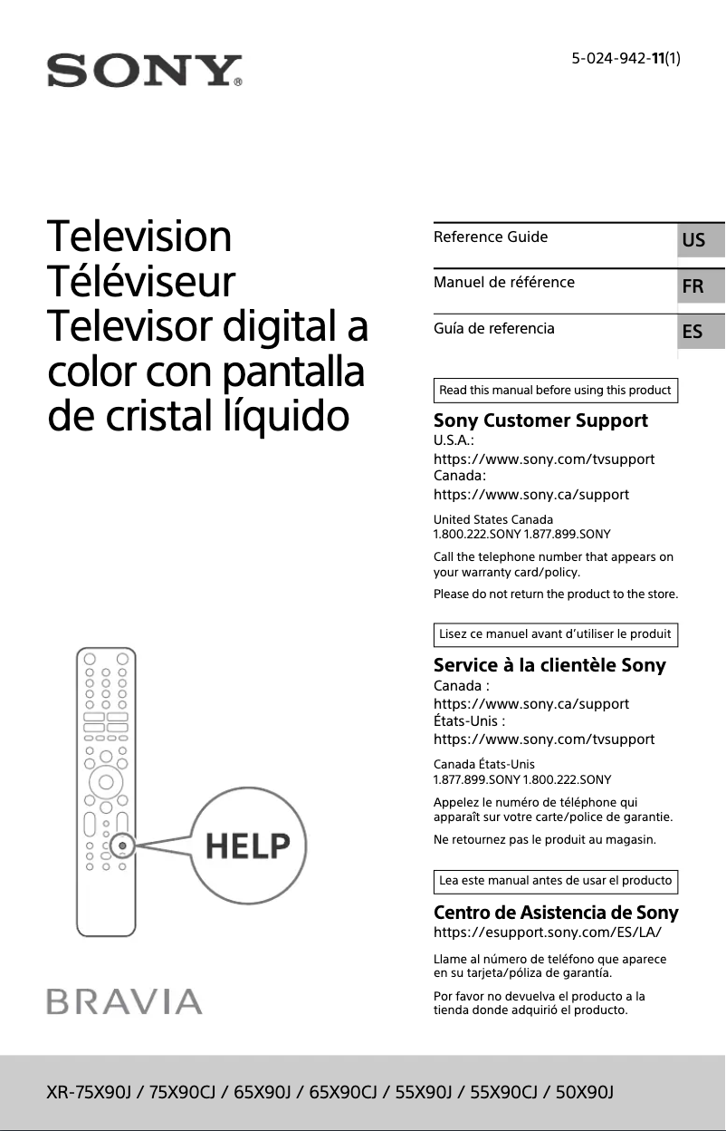 Page 1 de la notice Manuel utilisateur Sony Bravia XR-55X90J