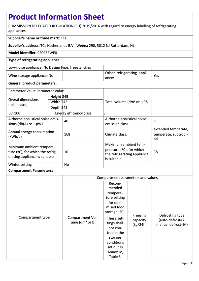 Page 1 de la notice Fiche technique TCL CF098EWE0