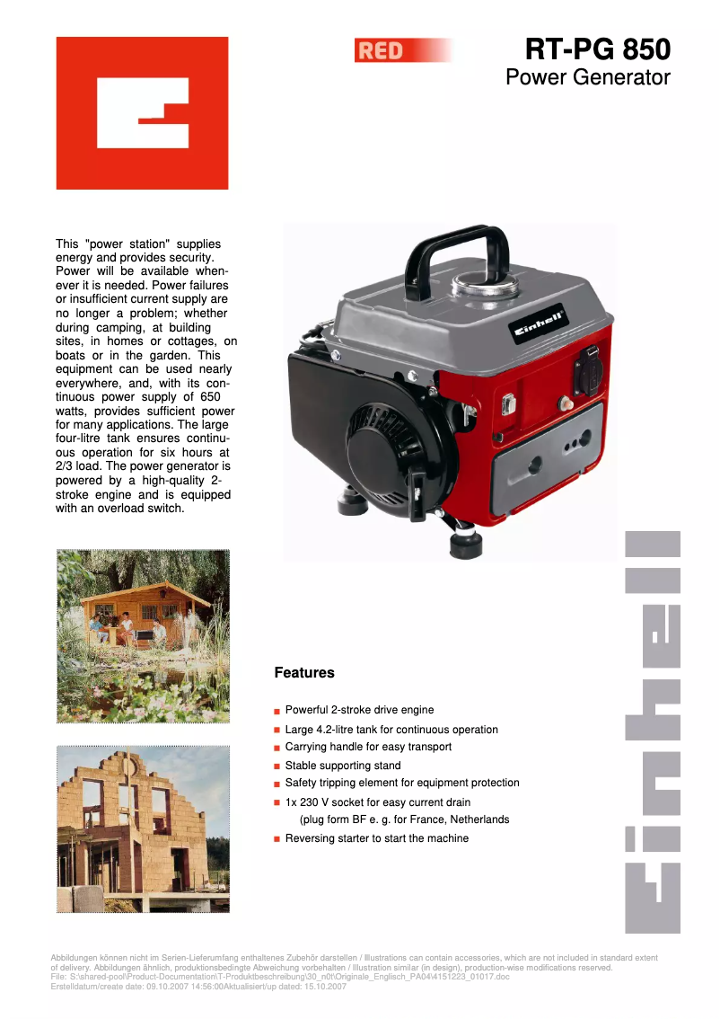 Page 1 de la notice Manuel utilisateur Einhell RT-PG 850