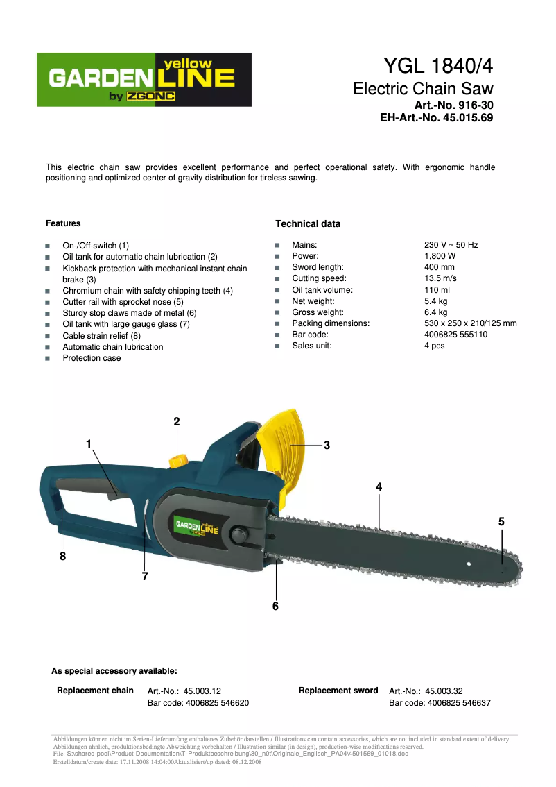 Page n°1 - Manuel utilisateur Yellow Garden Line YGL 1840/4