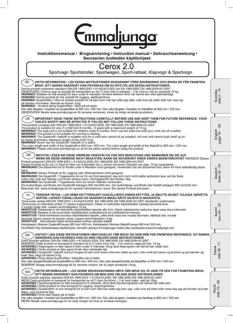Page 1 de la notice Manuel utilisateur Emmaljunga Cerox 2.0