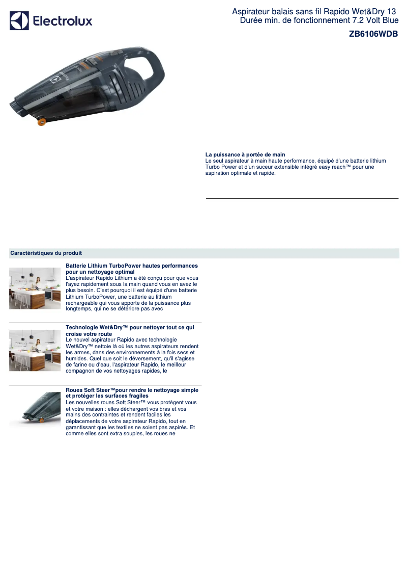 Page 1 de la notice Fiche technique Electrolux Rapido ZB6106