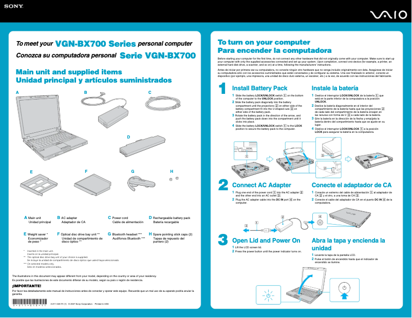 Page 1 de la notice Guide d'installation Sony Vaio VGN-BX740P