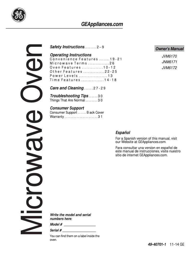 Page 1 de la notice Manuel d'utilisation et d'entretien GE JVM6170DFWW