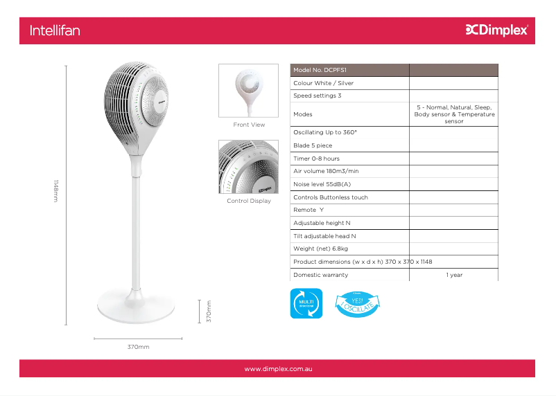 Page 1 de la notice Fiche technique Dimplex DCPFS1