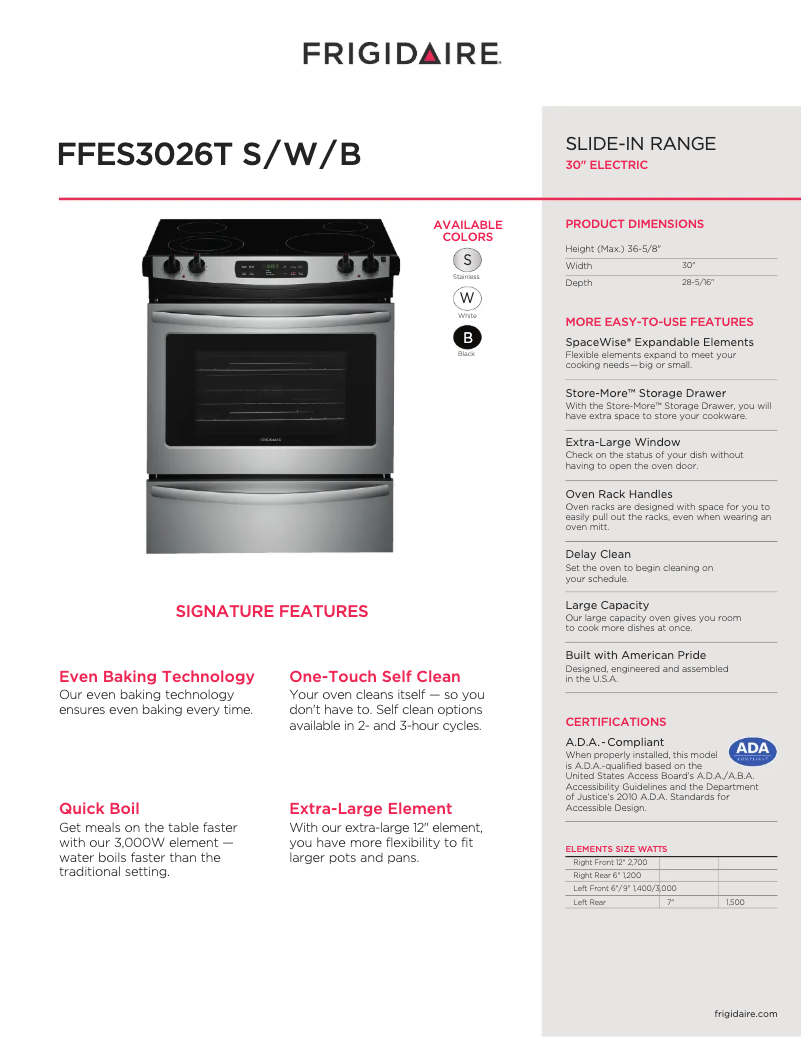 Page n°1 - Fiche technique Frigidaire FFES3026TS