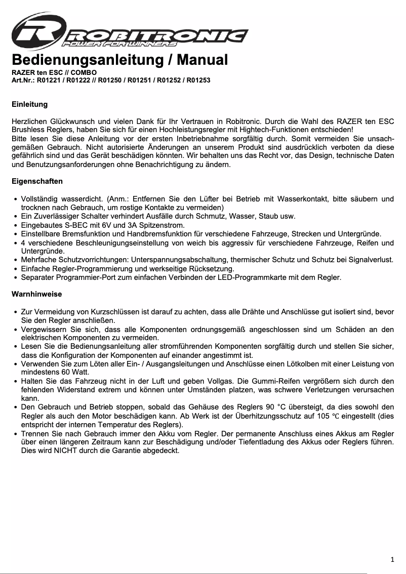 Page n°1 - Manuel utilisateur Robitronic Razer ten 3652 4600 KV R01253