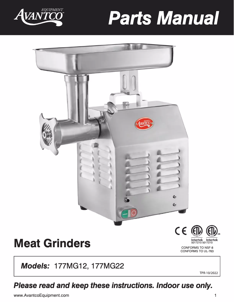 Page 1 de la notice Manuel utilisateur Avantco 177MG12
