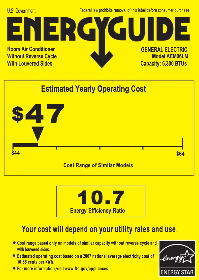 Page 1 de la notice Label énergétique GE AEM06LM