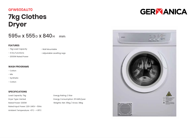 Página 1 del manual Ficha técnica Germanica GTF239AU70SS