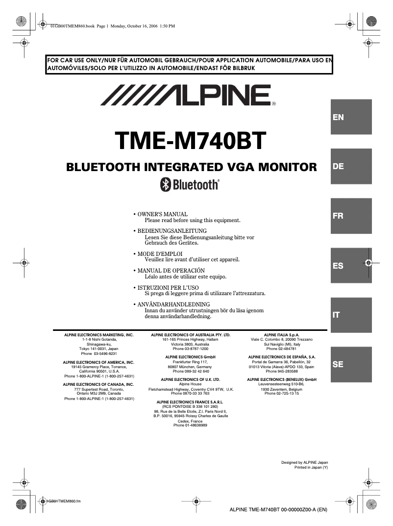 Page 1 de la notice Manuel utilisateur Alpine TME-M740BT