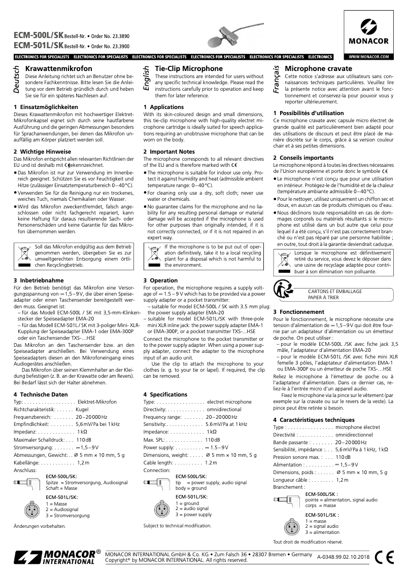 Page 1 de la notice Manuel utilisateur Monacor ECM-501L/SK