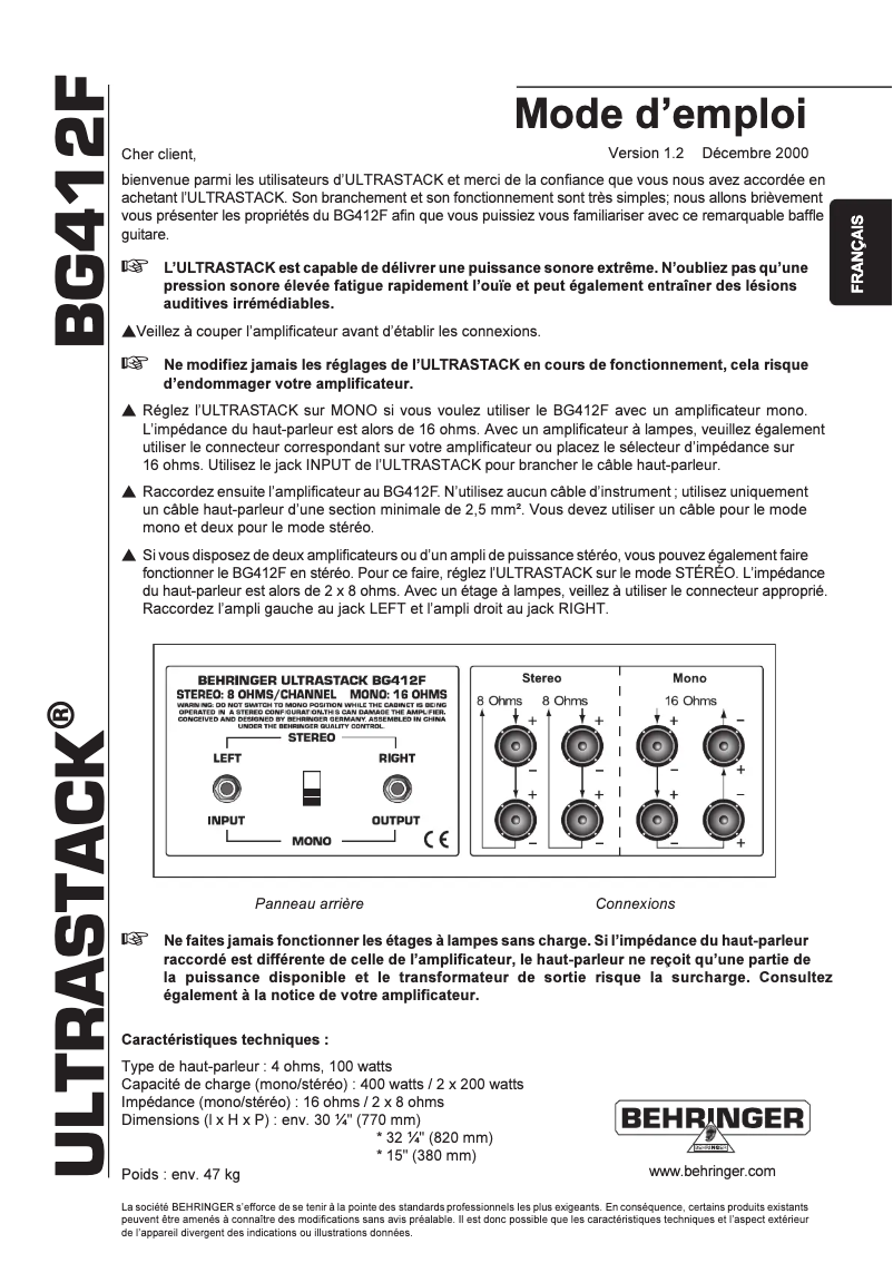 Page 1 de la notice Manuel utilisateur Behringer Ultrastack BG412F