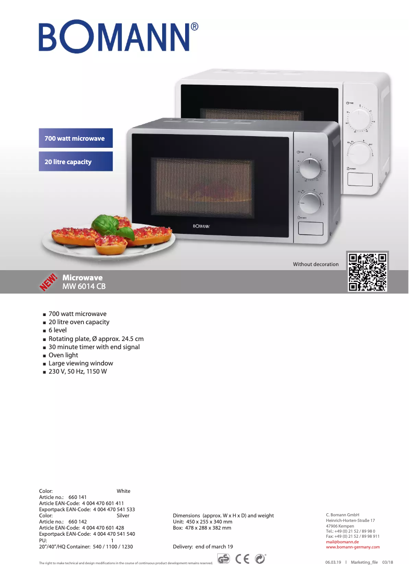 Page 1 de la notice Fiche technique Bomann MW 6014 CB