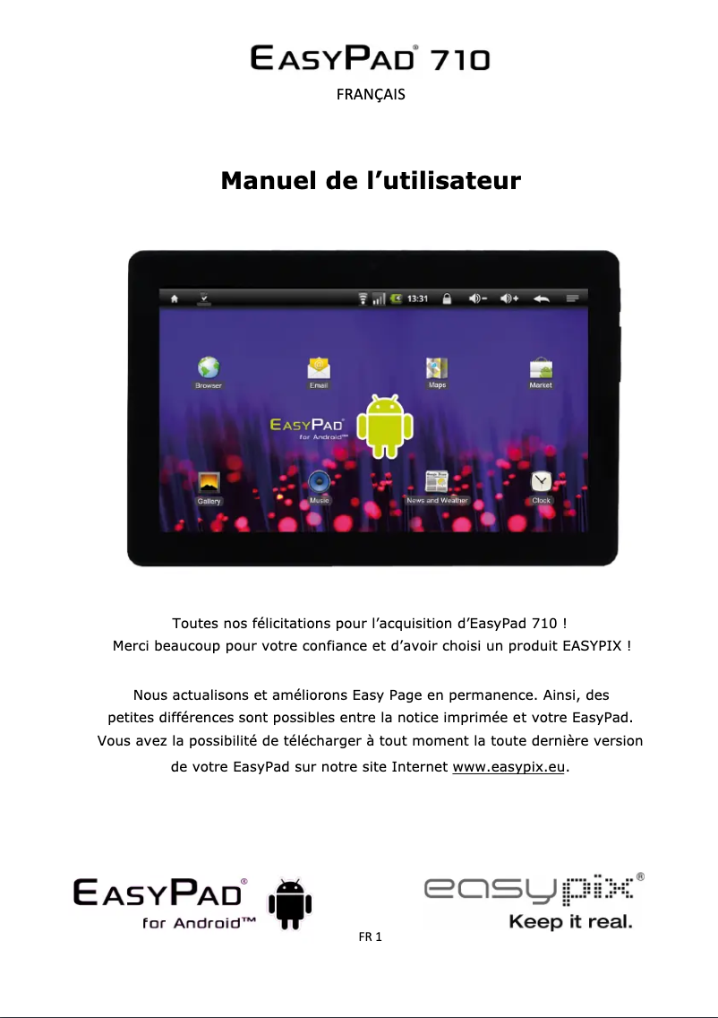 Page 1 de la notice Manuel utilisateur Easypix EasyPad 710