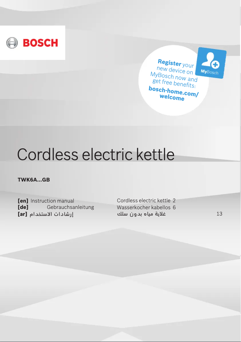 Page 1 de la notice Manuel utilisateur Bosch TWK6A033GB